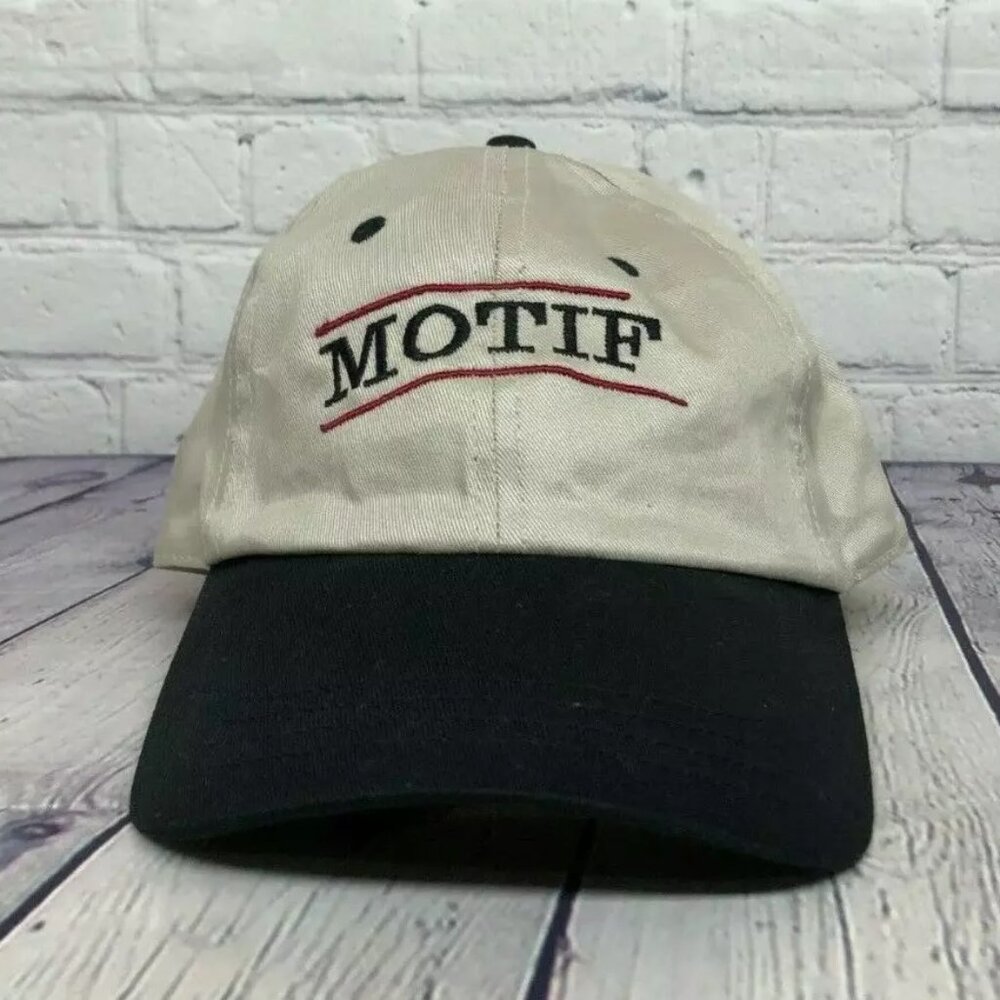 Vintage Hat Cap Strap Back Beige Black MOTIF Embroidered Logo One Size Fits All